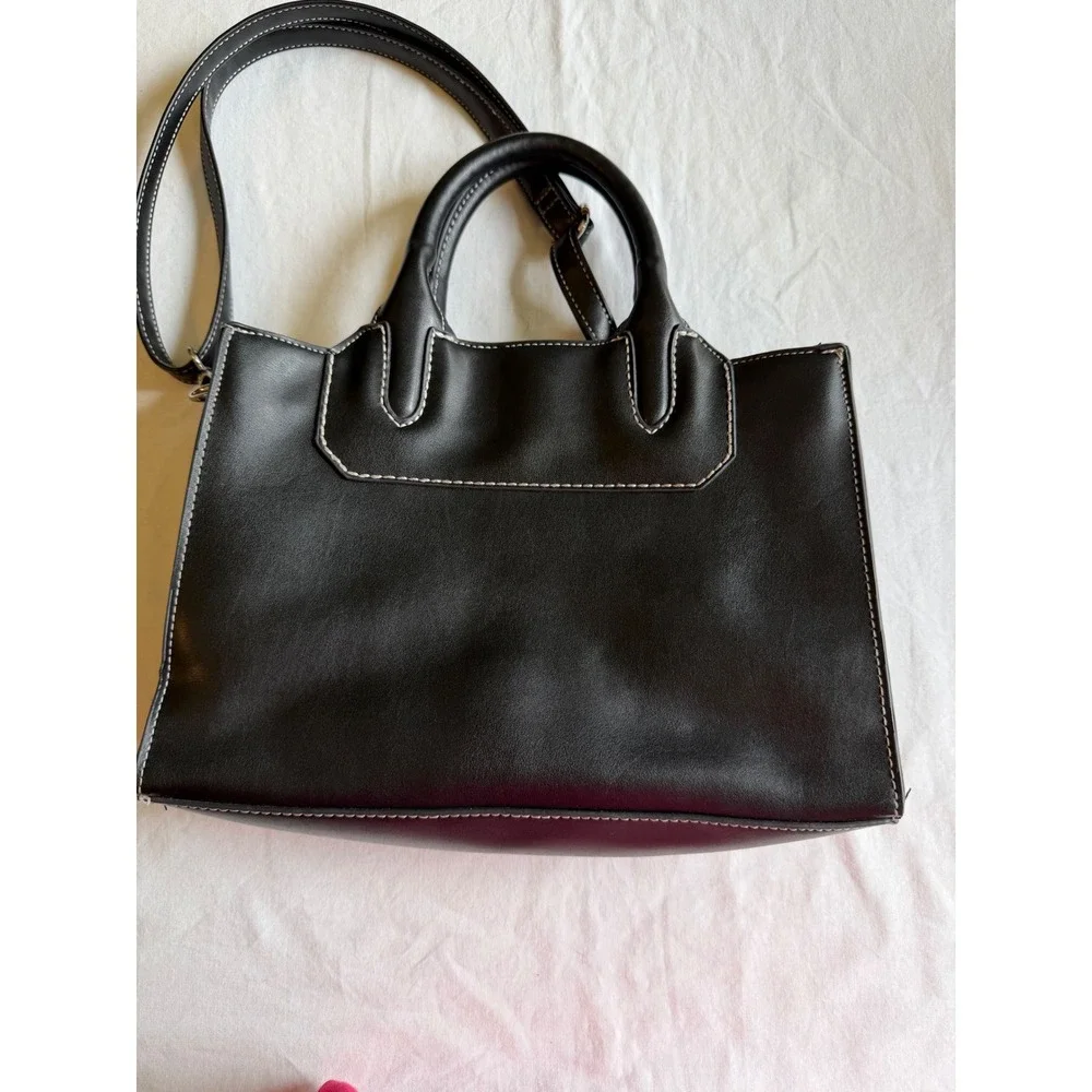 London Fog Black Faux Leather Satchel Crossbody Bag White Contrast Stitching